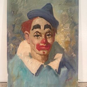 Signed original oil painting of a somber circus clown in blue, circa 1960s